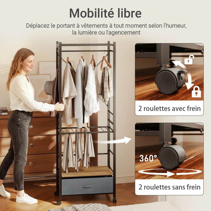 SoBuy KLS23-SCH Porte-Manteaux Industriel sur Pied avec Tiroir – Métal et Bois, Crochets, Roulettes – 60×32×175 cm, Gris Anthracite