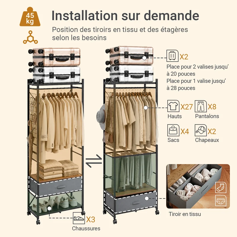 SoBuy KLS23-SCH Porte-Manteaux Industriel sur Pied avec Tiroir – Métal et Bois, Crochets, Roulettes – 60×32×175 cm, Gris Anthracite