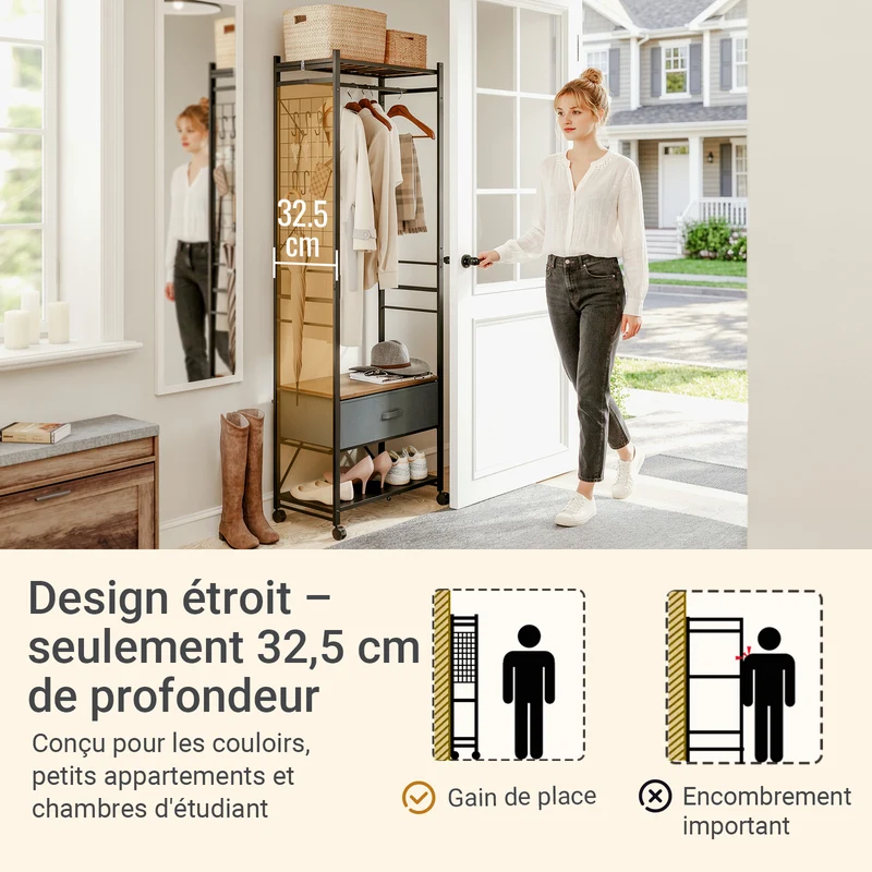 SoBuy KLS23-SCH Porte-Manteaux Industriel sur Pied avec Tiroir – Métal et Bois, Crochets, Roulettes – 60×32×175 cm, Gris Anthracite
