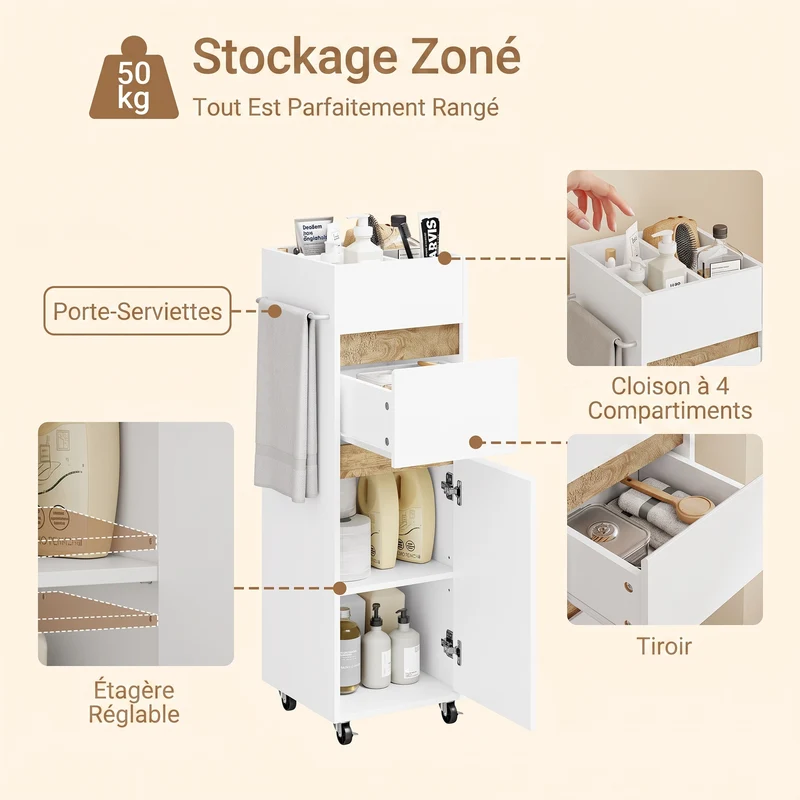 SoBuy BZR225-WN Colonne de Salle de Bain sur Roulettes avec Tiroir – Porte et Étagère, Rangement Vertical – 33×30×91 cm, Blanc
