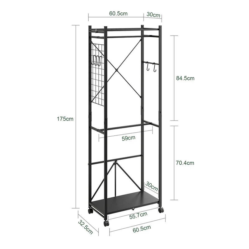 SoBuy KLS21-SCH Vestiaire d'Entrée Industriel sur Roulettes – Crochets et Étagère à Chaussures, Métal Noir – 60×32×175 cm, Noir