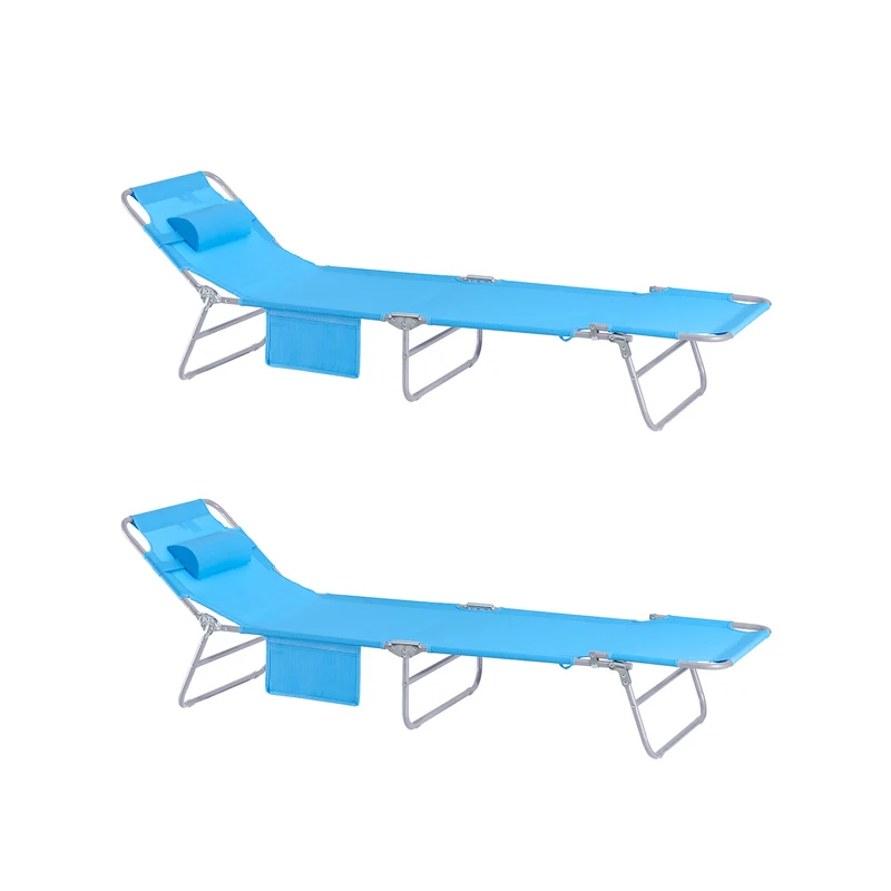 SoBuy OGS35-Bx2 Lot de 2 Transats de Jardin Pliable avec Oreiller et Poche Latérale, Chaise Longue Relax, Design Fonctionnel – L155×P56×H81 cm, Bleu Ciel