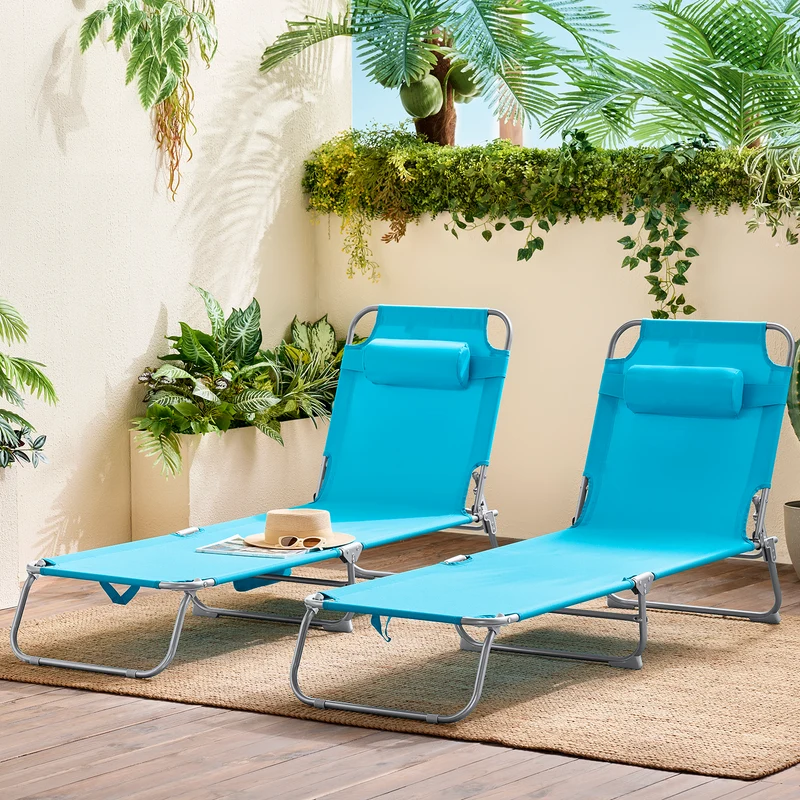 SoBuy OGS35-Bx2 Lot de 2 Transats de Jardin Pliable avec Oreiller et Poche Latérale, Chaise Longue Relax, Design Fonctionnel – L155×P56×H81 cm, Bleu Ciel