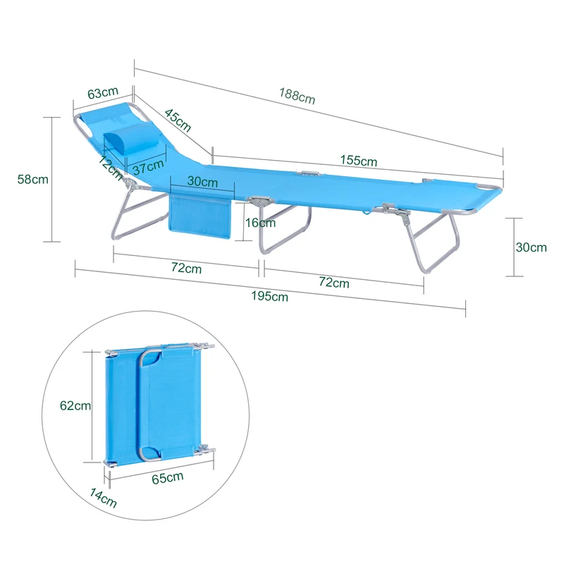 SoBuy OGS35-Bx2 Lot de 2 Transats de Jardin Pliable avec Oreiller et Poche Latérale, Chaise Longue Relax, Design Fonctionnel – L155×P56×H81 cm, Bleu Ciel