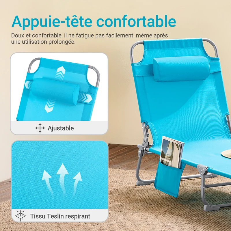 SoBuy OGS35-Bx2 Lot de 2 Transats de Jardin Pliable avec Oreiller et Poche Latérale, Chaise Longue Relax, Design Fonctionnel – L155×P56×H81 cm, Bleu Ciel