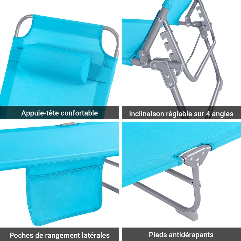 SoBuy OGS35-Bx2 Lot de 2 Transats de Jardin Pliable avec Oreiller et Poche Latérale, Chaise Longue Relax, Design Fonctionnel – L155×P56×H81 cm, Bleu Ciel