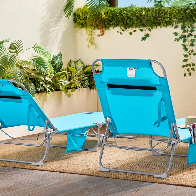 SoBuy OGS35-Bx2 Lot de 2 Transats de Jardin Pliable avec Oreiller et Poche Latérale, Chaise Longue Relax, Design Fonctionnel – L155×P56×H81 cm, Bleu Ciel