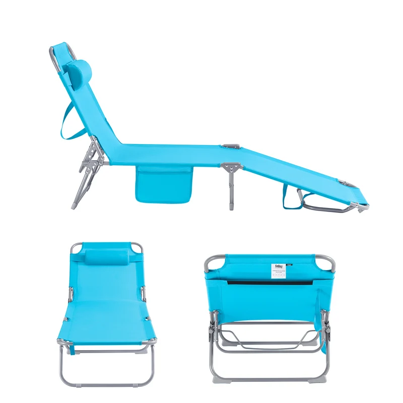 SoBuy OGS35-Bx2 Lot de 2 Transats de Jardin Pliable avec Oreiller et Poche Latérale, Chaise Longue Relax, Design Fonctionnel – L155×P56×H81 cm, Bleu Ciel