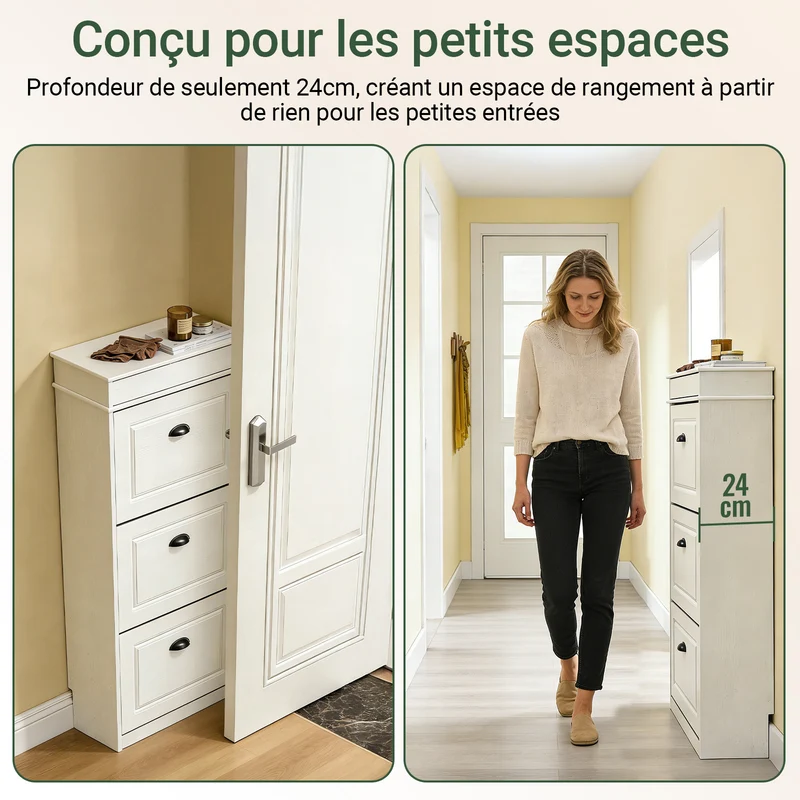 SoBuy FSR64-WG + FSR94-WG Lot Banc à Chaussures + Meuble Slim 20 Paires – Entrée Complète 24 cm – Effet Bois Blanc