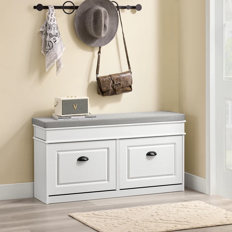 SoBuy FSR64-WG + FSR79-WG Ensemble Armoire à Chaussures avec Coussin et 4 Abattants, Gain de Place – Effet Bois Vieilli Blanc