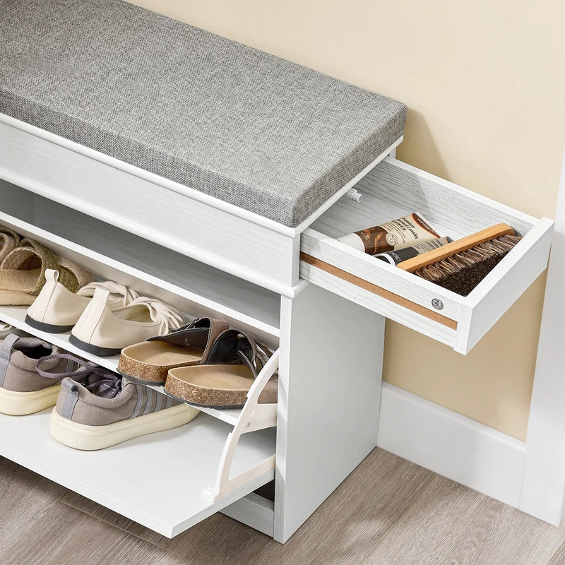 SoBuy FSR64-WG + FSR82-K-WG Ensemble Double Coffre à Chaussures avec Coussin, Rangement Abattant, Gain de Place – Effet Bois Vieilli Blanc
