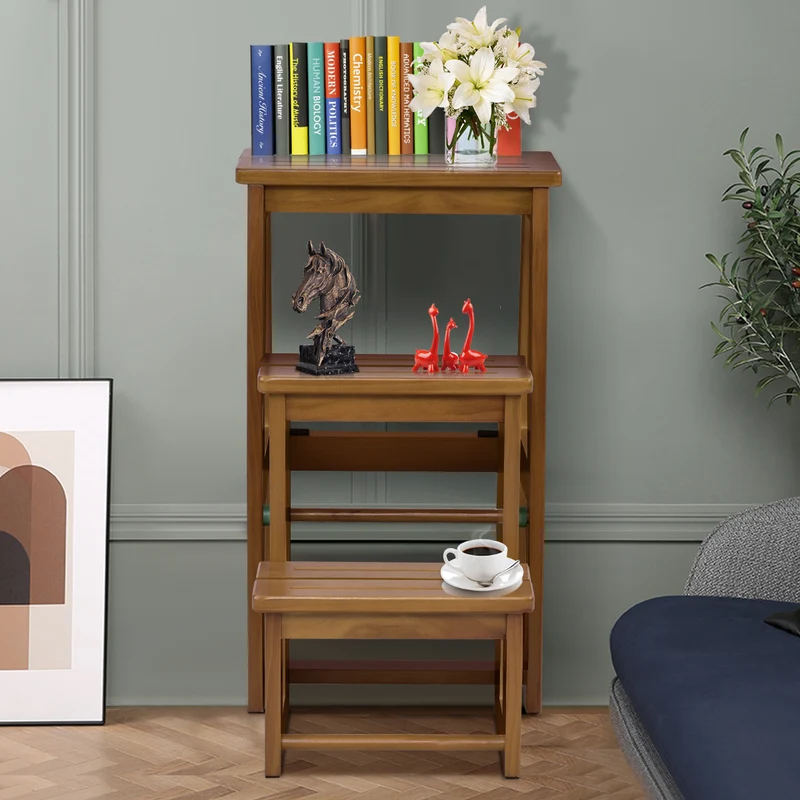 Costway – Tabouret-escabeau pliable 3 marches en bois de sapin, charge 130 kg, siège jusqu’à 150 kg