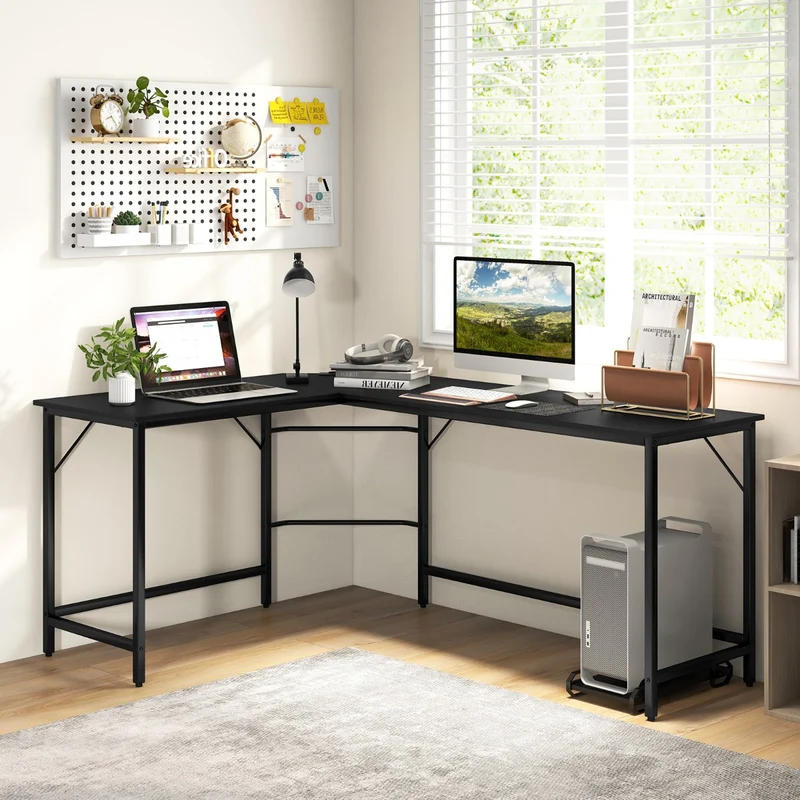 Costway - Table, Bureau d'Angle de 168 cm, Table de Bureau, Bureau en L avec Support UC, Poste de Travail, Bureau d'Etudes, Noir