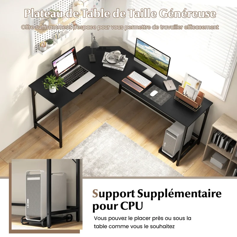 Costway - Table, Bureau d'Angle de 168 cm, Table de Bureau, Bureau en L avec Support UC, Poste de Travail, Bureau d'Etudes, Noir