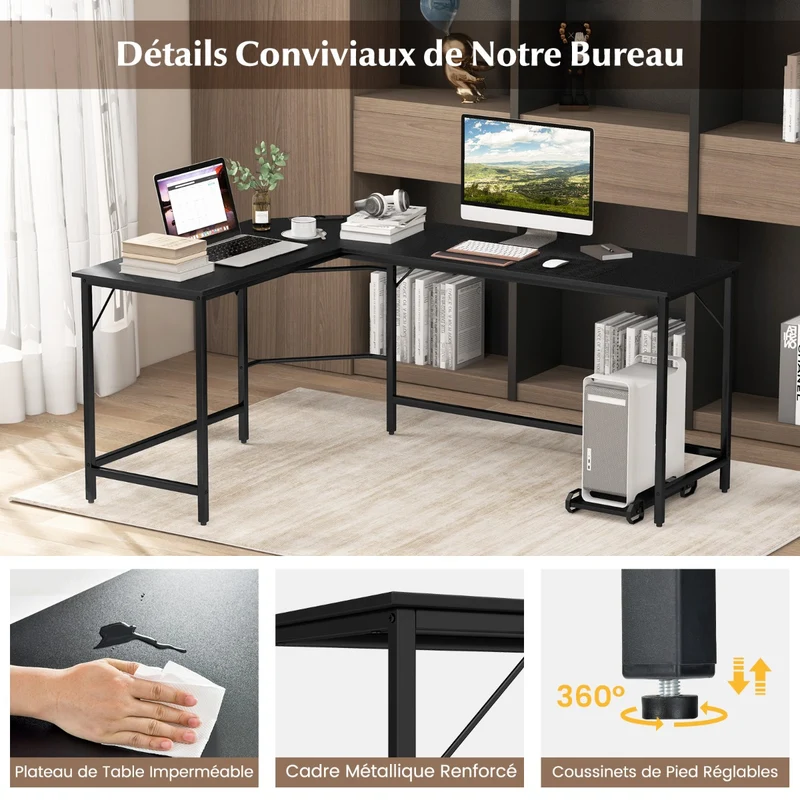 Costway - Table, Bureau d'Angle de 168 cm, Table de Bureau, Bureau en L avec Support UC, Poste de Travail, Bureau d'Etudes, Noir