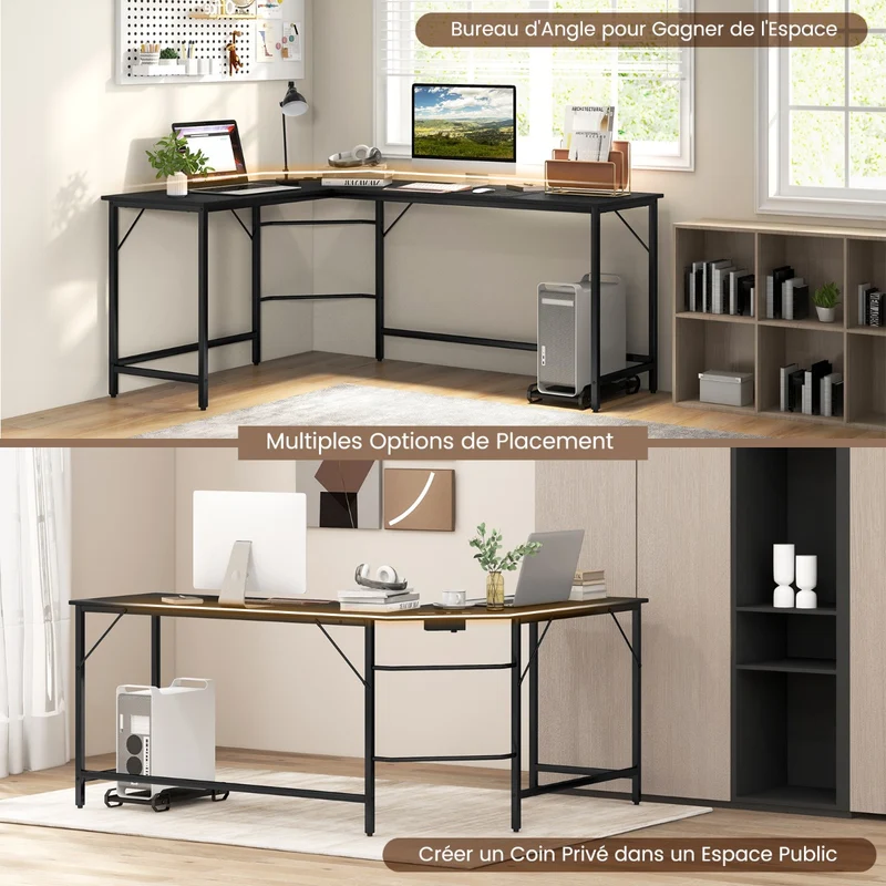 Costway - Table, Bureau d'Angle de 168 cm, Table de Bureau, Bureau en L avec Support UC, Poste de Travail, Bureau d'Etudes, Noir