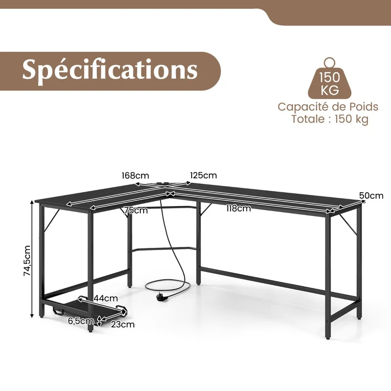 Costway - Table, Bureau d'Angle de 168 cm, Table de Bureau, Bureau en L avec Support UC, Poste de Travail, Bureau d'Etudes, Noir