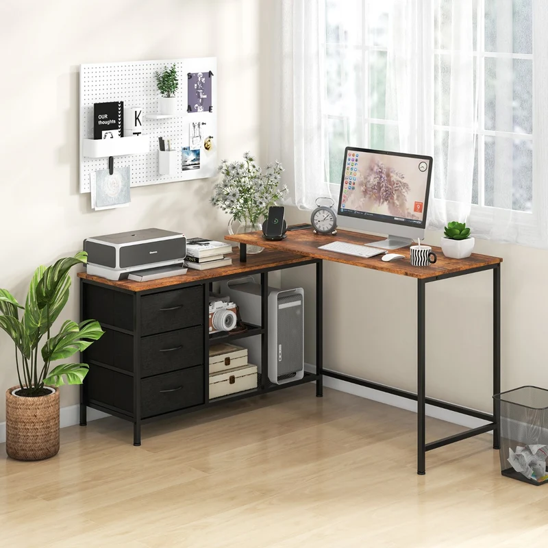 Costway - Bureau d'Angle, Bureau en L, Bureau Ordinateur, Bureau Informatique, Bureau Moderne, Table de Bureau, Poste de Travail, Marron Rustique
