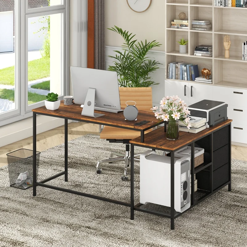 Costway - Bureau d'Angle, Bureau en L, Bureau Ordinateur, Bureau Informatique, Bureau Moderne, Table de Bureau, Poste de Travail, Marron Rustique