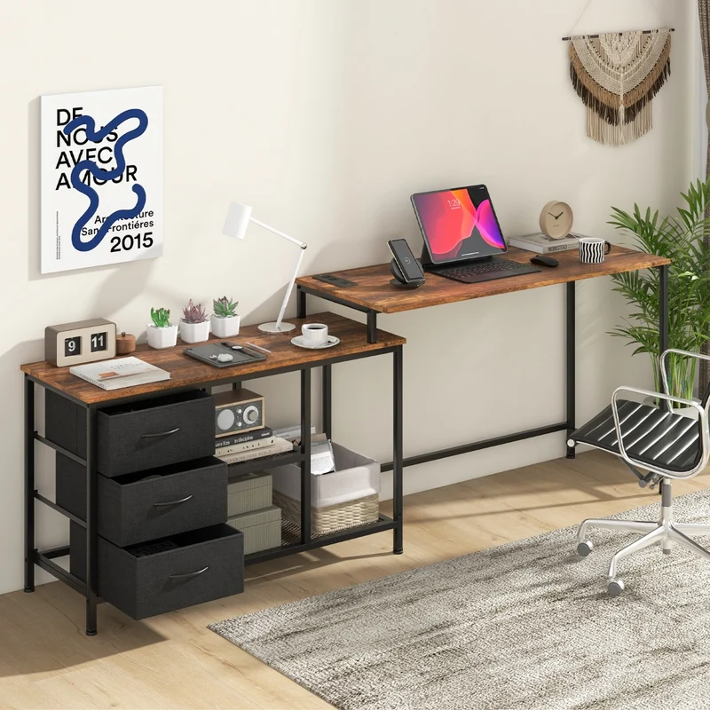 Costway - Bureau d'Angle, Bureau en L, Bureau Ordinateur, Bureau Informatique, Bureau Moderne, Table de Bureau, Poste de Travail, Marron Rustique