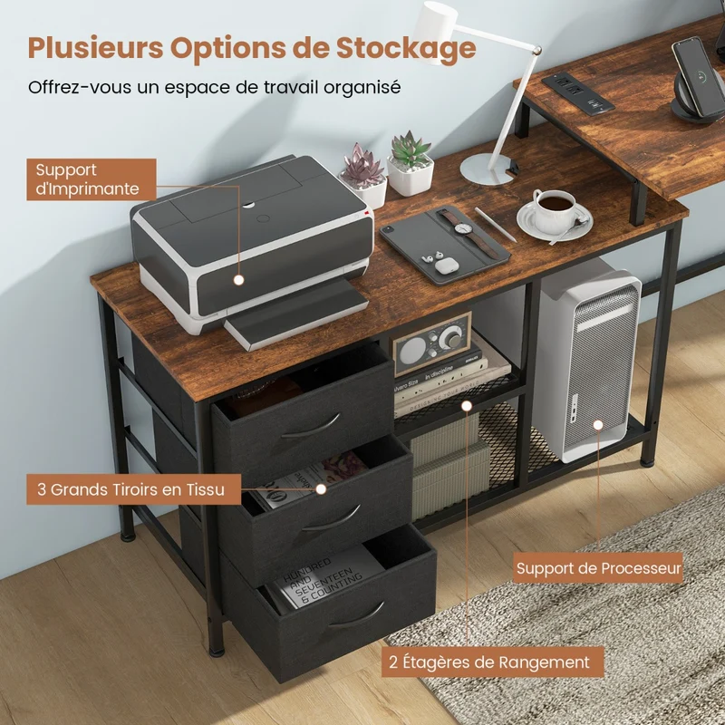 Costway - Bureau d'Angle, Bureau en L, Bureau Ordinateur, Bureau Informatique, Bureau Moderne, Table de Bureau, Poste de Travail, Marron Rustique