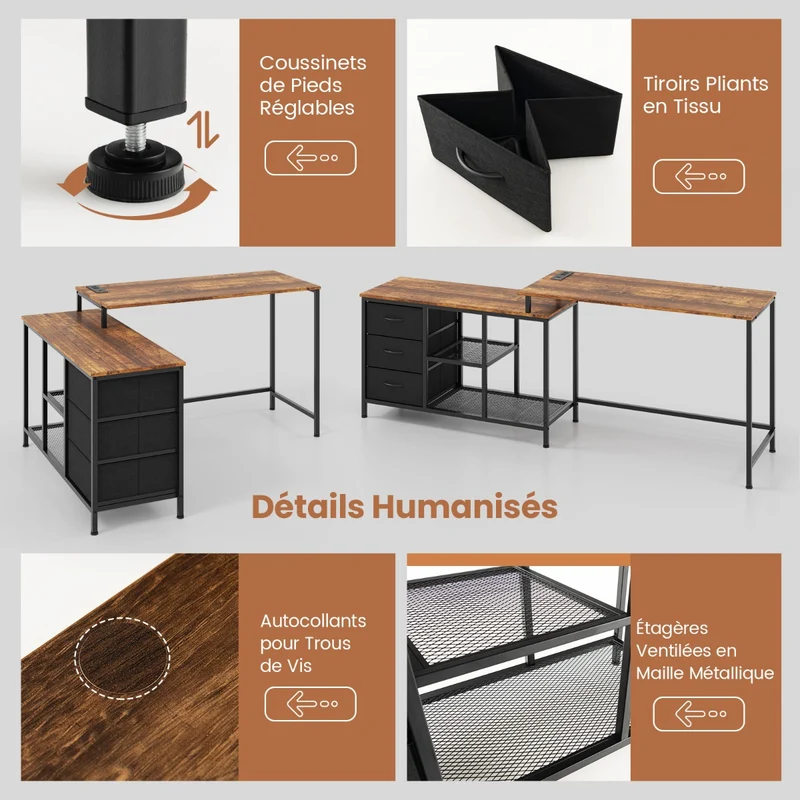 Costway - Bureau d'Angle, Bureau en L, Bureau Ordinateur, Bureau Informatique, Bureau Moderne, Table de Bureau, Poste de Travail, Marron Rustique