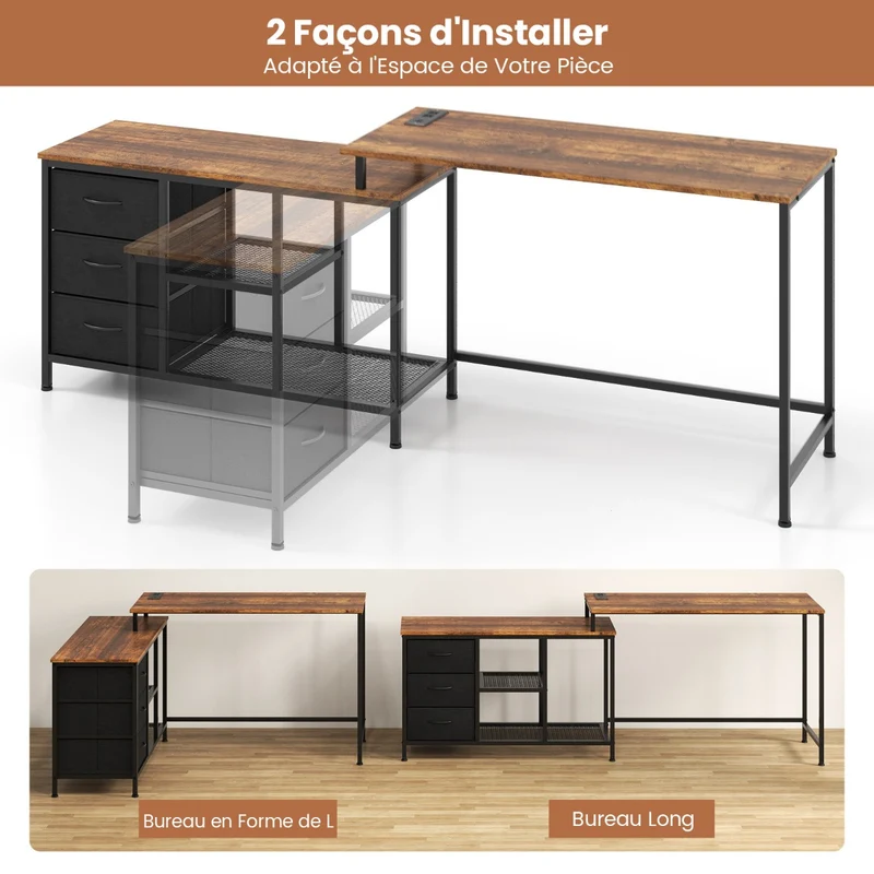 Costway - Bureau d'Angle, Bureau en L, Bureau Ordinateur, Bureau Informatique, Bureau Moderne, Table de Bureau, Poste de Travail, Marron Rustique