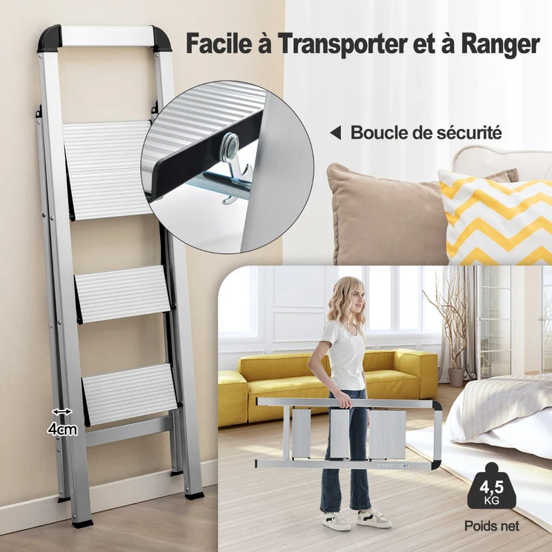 Costway - Escabeau, Escabeau 3 Marches Action, Escabeau Pliable, en Aluminium, Plateforme Large, Marche Antidérapante Pieds en Caoutchouc Charge 150KG