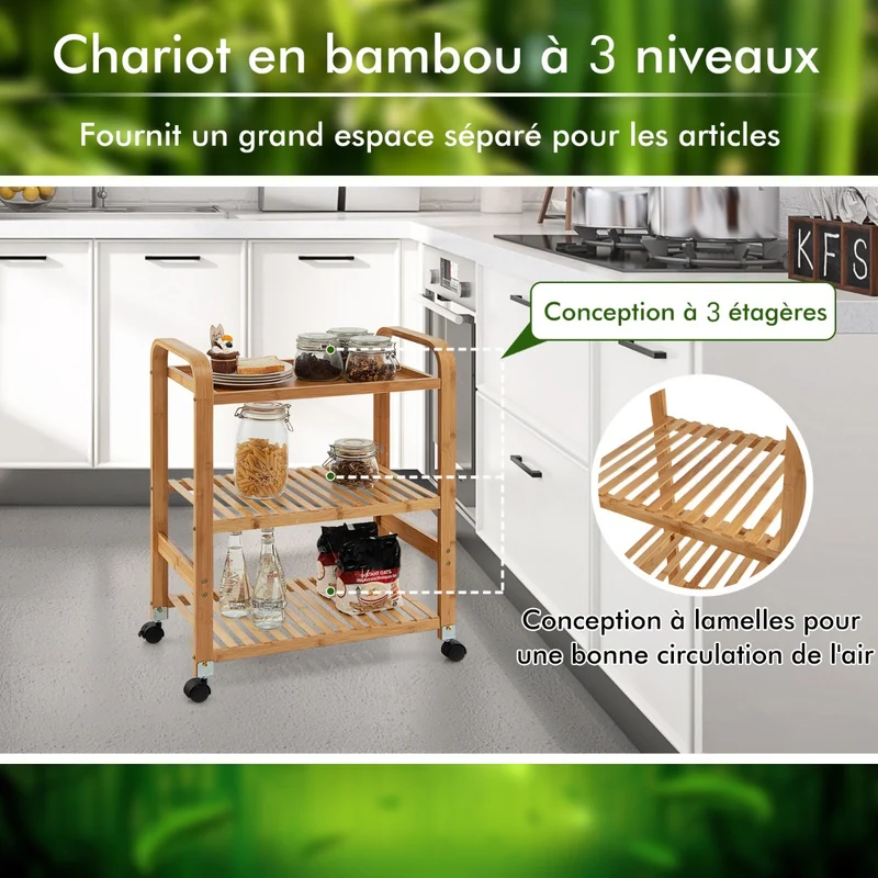 Costway - Desserte a Roulette, 3 Niveaux, Desserte Cuisine, Chariot de Rangement, en Bambou, avec Roulettes, Latérales Supportà