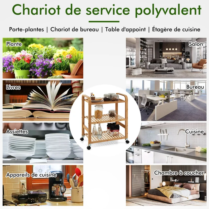 Costway - Desserte a Roulette, 3 Niveaux, Desserte Cuisine, Chariot de Rangement, en Bambou, avec Roulettes, Latérales Supportà