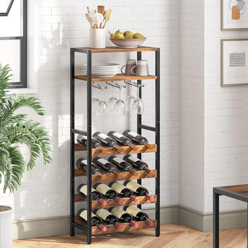 HOOBRO - Étagère à vin, 16 Bouteilles, Porte Bouteille vin, avec Support de Table et gobelet, Range Bouteille à 5 Niveaux, 41,5x24x100 cm, Marron Noir