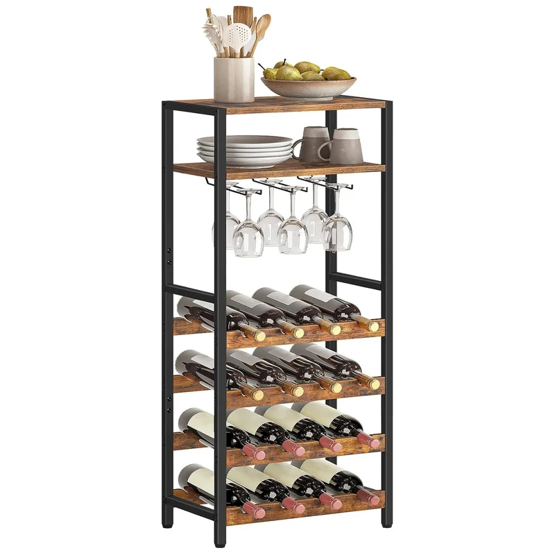 HOOBRO - Étagère à vin, 16 Bouteilles, Porte Bouteille vin, avec Support de Table et gobelet, Range Bouteille à 5 Niveaux, 41,5x24x100 cm, Marron Noir