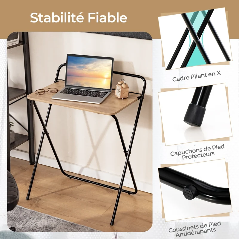 Costway - Petit Bureau de 60 сm, Bureau Pliable, Bureau Ordinateur, Bureau Informatique, Table de Bureau, Poste de Travail, Naturel
