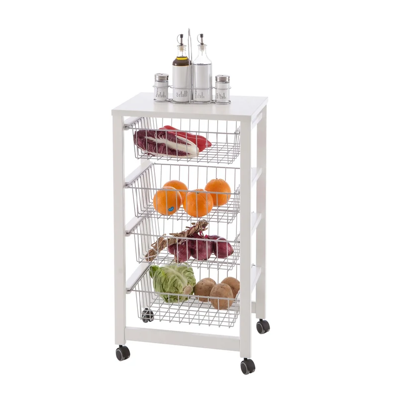 ARIT - Chariot de cuisine GINGERONE, Desserte Cuisine, Desserte a Roulette, Desserte Bois, 4 paniers coulissants - Couleur blanche