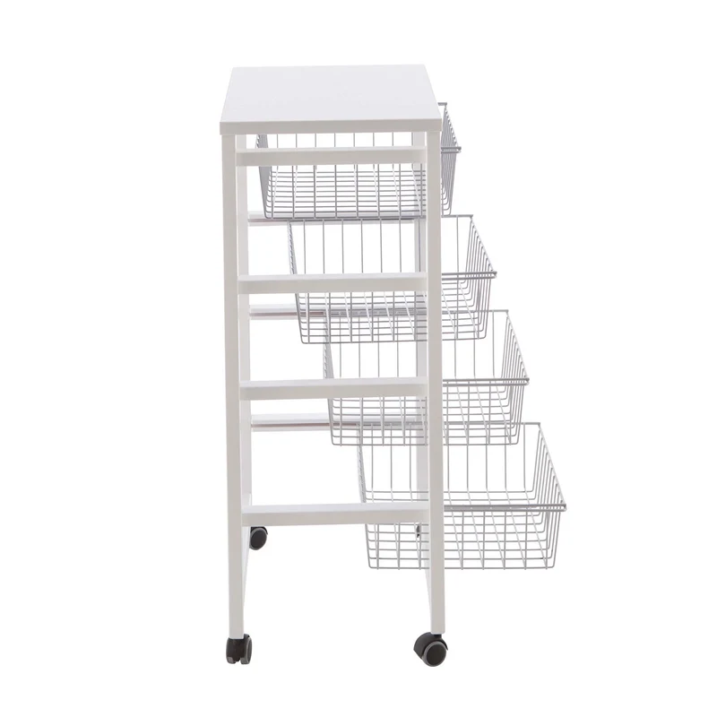 ARIT - Chariot de cuisine GINGERONE, Desserte Cuisine, Desserte a Roulette, Desserte Bois, 4 paniers coulissants - Couleur blanche