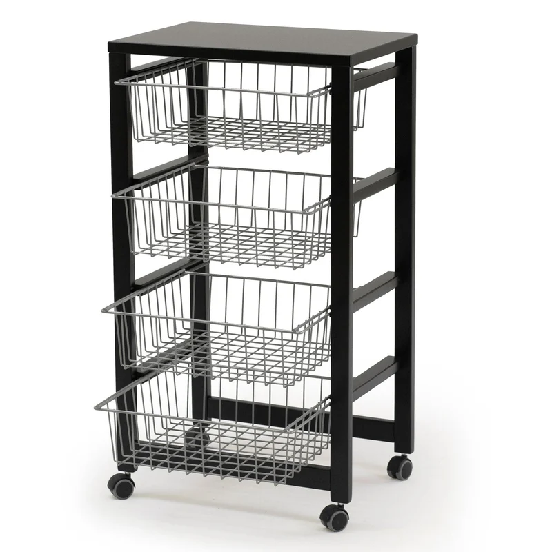 ARIT - Chariot de cuisine GINGERONE, Desserte Cuisine, Desserte a Roulette, Desserte Bois, 4 paniers coulissants - Couleur noir