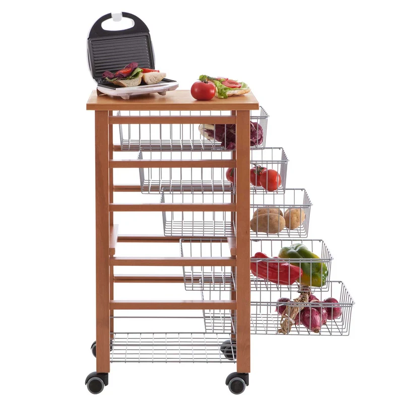 ARIT - Chariot de cuisine OLIVER, Desserte Cuisine, Desserte a Roulette, Desserte Bois, 5 cestelli scorrevoli - Couleur ciliegio