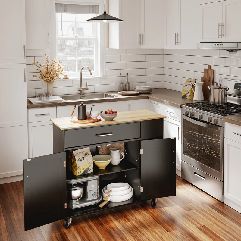 SoBuy FKW133-SCH Desserte de Cuisine à Roulettes – Plan Bois 99 cm, Tiroir, Placard 2 Portes, 3 Étagères, 75 kg | Noir