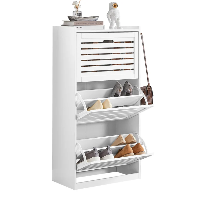 SoBuy FSR108-W Armoire à Chaussures 3 Abattants avec 2 Crochets et Porte-Manteau – 55×30×112 cm, 45 kg, MDF + Bambou, Blanc
