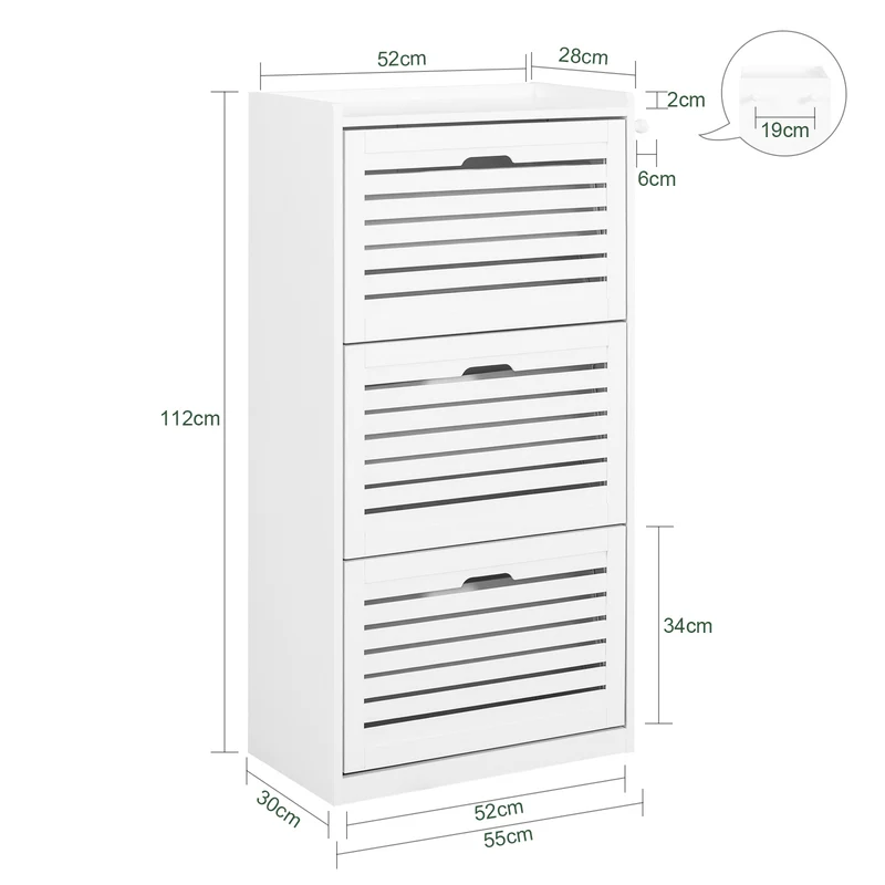 SoBuy FSR108-W Armoire à Chaussures 3 Abattants avec 2 Crochets et Porte-Manteau – 55×30×112 cm, 45 kg, MDF + Bambou, Blanc