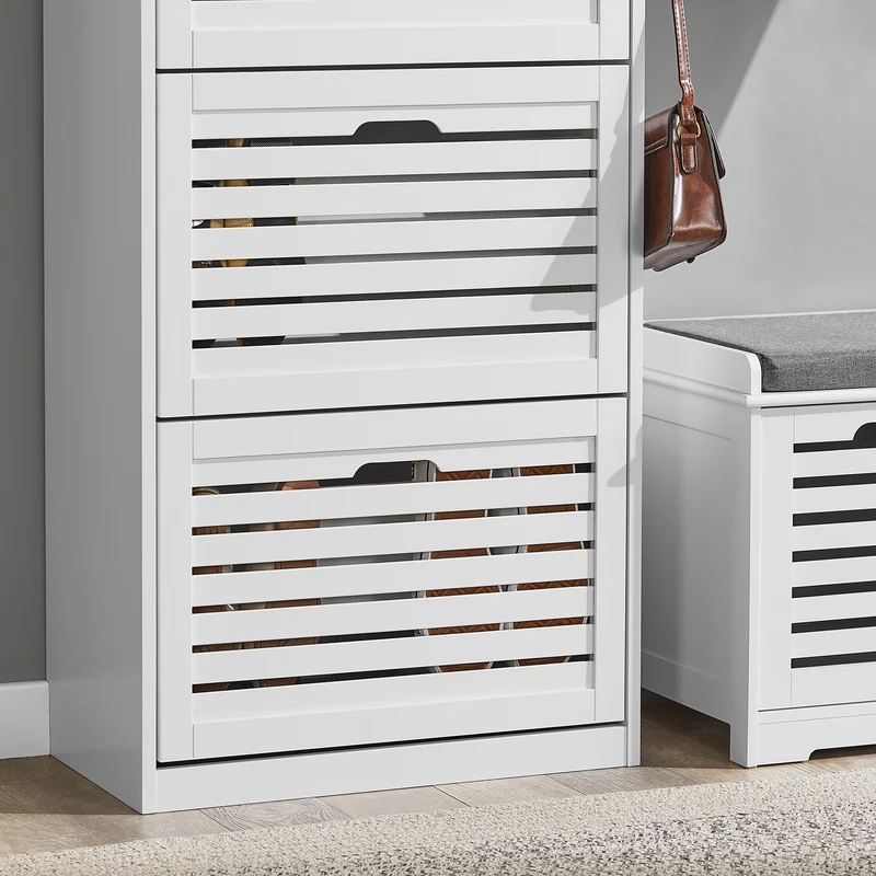 SoBuy FSR108-W Armoire à Chaussures 3 Abattants avec 2 Crochets et Porte-Manteau – 55×30×112 cm, 45 kg, MDF + Bambou, Blanc