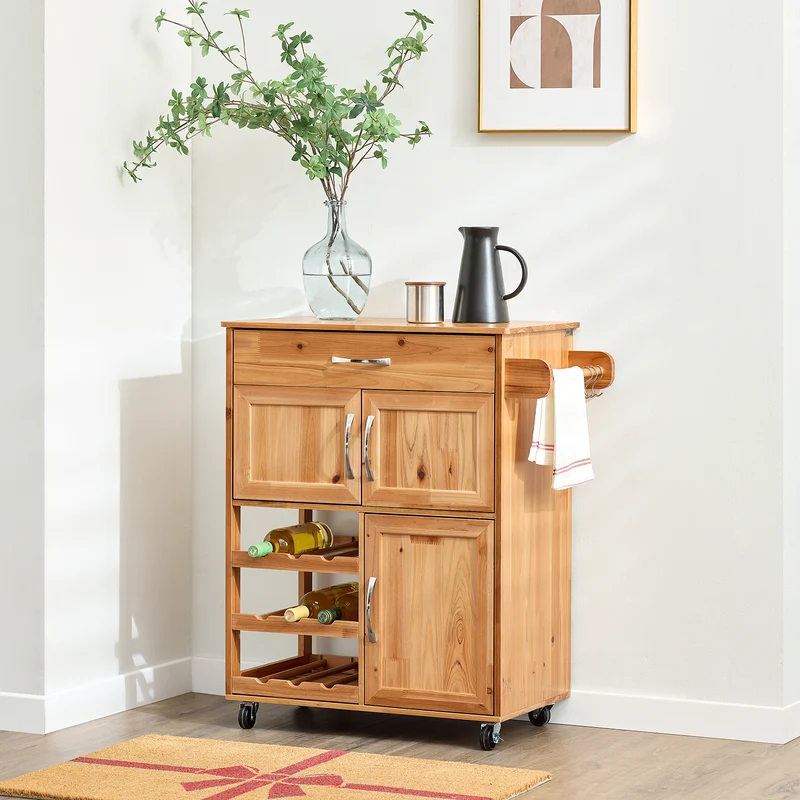 SoBuy FKW45-N Desserte Cuisine en Bois Massif à Roulettes – Range-Bouteilles, Tiroir, 2 Placards, Porte-Serviettes Réversible, 66×38×86 cm, 63 kg, Naturel