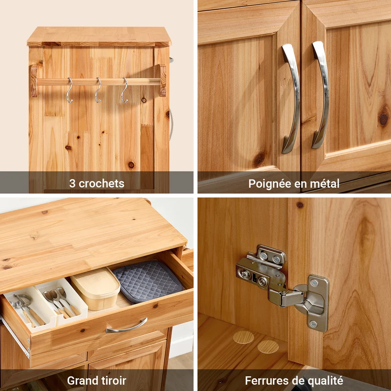 SoBuy FKW45-N Desserte Cuisine en Bois Massif à Roulettes – Range-Bouteilles, Tiroir, 2 Placards, Porte-Serviettes Réversible, 66×38×86 cm, 63 kg, Naturel