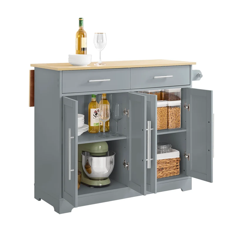 SoBuy FKW129-HG Desserte Cuisine avec Roues Cachées, 2 Tiroirs, Étagères Réglables et Porte-serviette – L115×P68,7×H91 cm, Charge 98 kg, MDF + PB, Gris