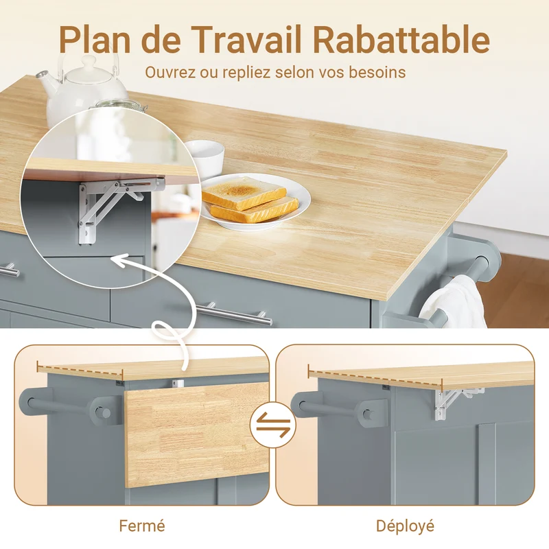 SoBuy FKW129-HG Desserte Cuisine avec Roues Cachées, 2 Tiroirs, Étagères Réglables et Porte-serviette – L115×P68,7×H91 cm, Charge 98 kg, MDF + PB, Gris
