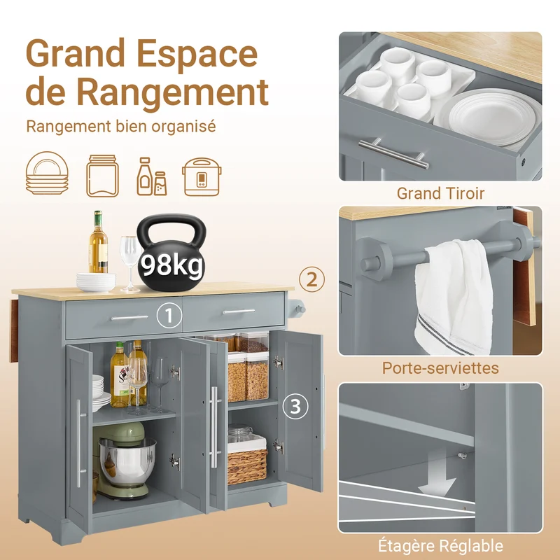 SoBuy FKW129-HG Desserte Cuisine avec Roues Cachées, 2 Tiroirs, Étagères Réglables et Porte-serviette – L115×P68,7×H91 cm, Charge 98 kg, MDF + PB, Gris