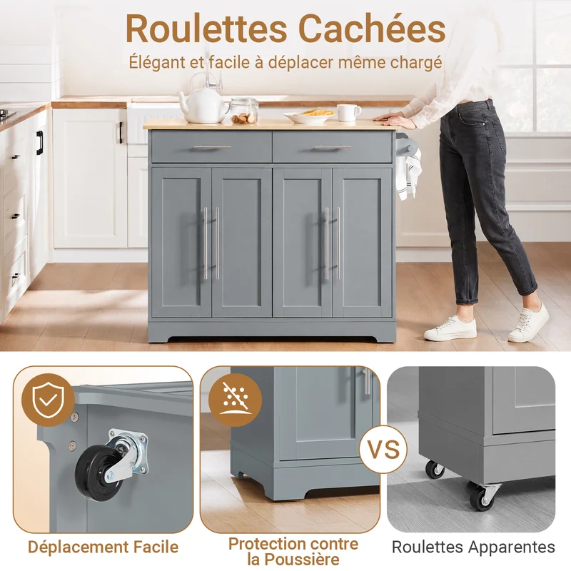 SoBuy FKW129-HG Desserte Cuisine avec Roues Cachées, 2 Tiroirs, Étagères Réglables et Porte-serviette – L115×P68,7×H91 cm, Charge 98 kg, MDF + PB, Gris