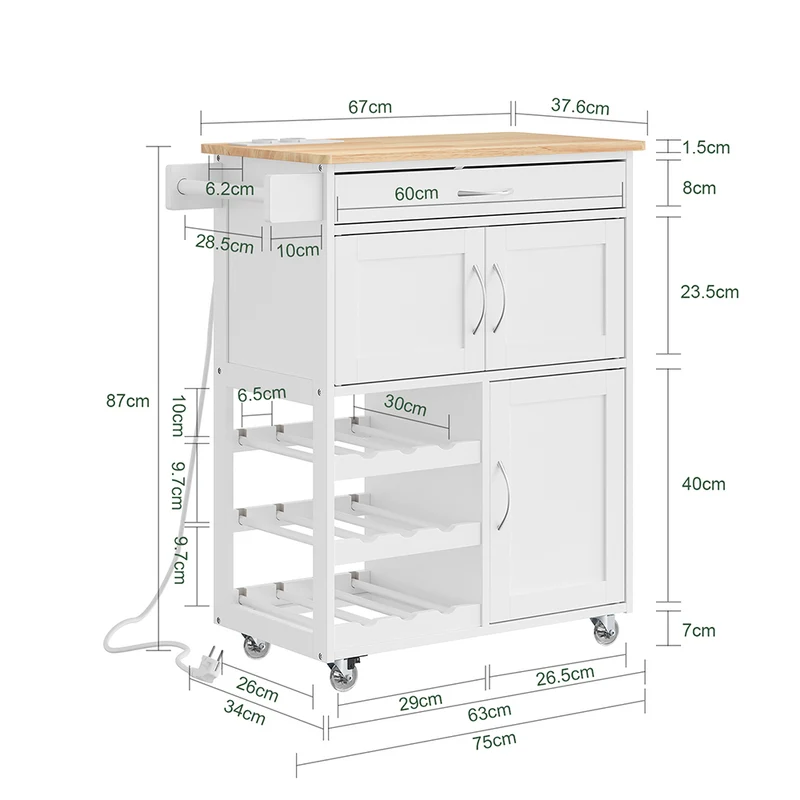 SoBuy FKW45-E-WN Desserte de Cuisine avec Prise Intégrée – 2 Prises + 2 USB, Casier à Bouteilles, Roulettes ou Pieds, 63 kg, Blanc et Bois