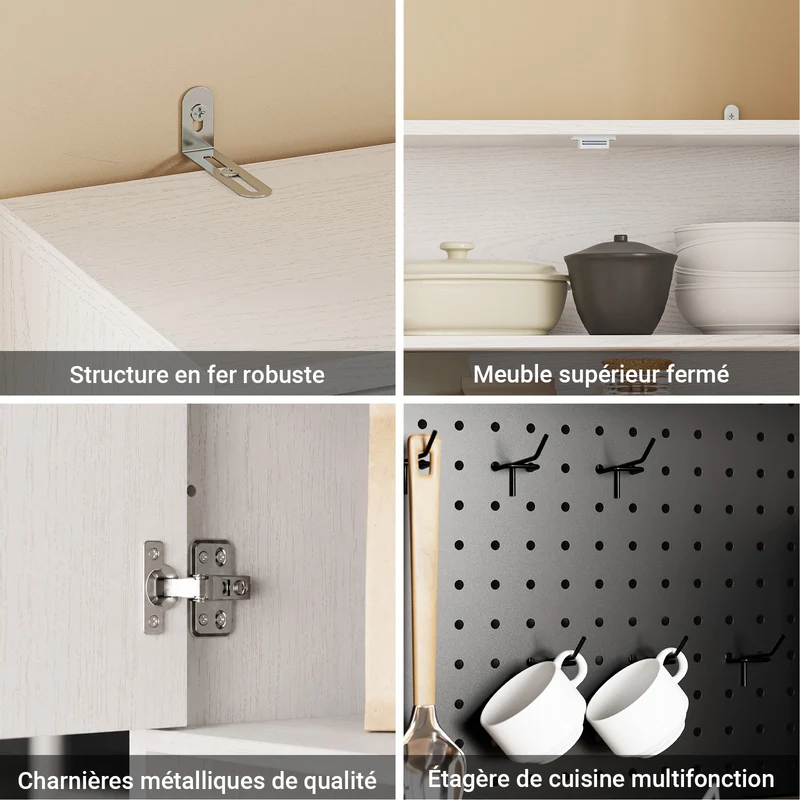 SoBuy FSB98-E-WG Buffet de Cuisine 170 cm avec Prise Intégrée – 2 Prises + 2 USB, Lampe LED, Niche Micro-Ondes, Charge 75 kg, Blanc et Bois