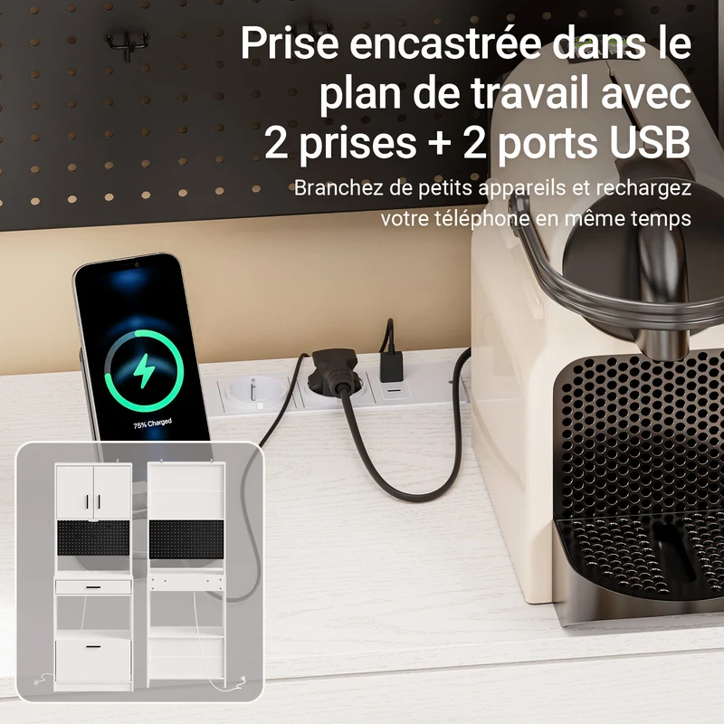 SoBuy FSB98-E-WG Buffet de Cuisine 170 cm avec Prise Intégrée – 2 Prises + 2 USB, Lampe LED, Niche Micro-Ondes, Charge 75 kg, Blanc et Bois